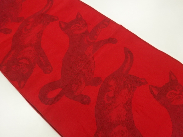 JAPANESE HEKO OBI FOR YUKATA / WOVEN CAT PATTERN